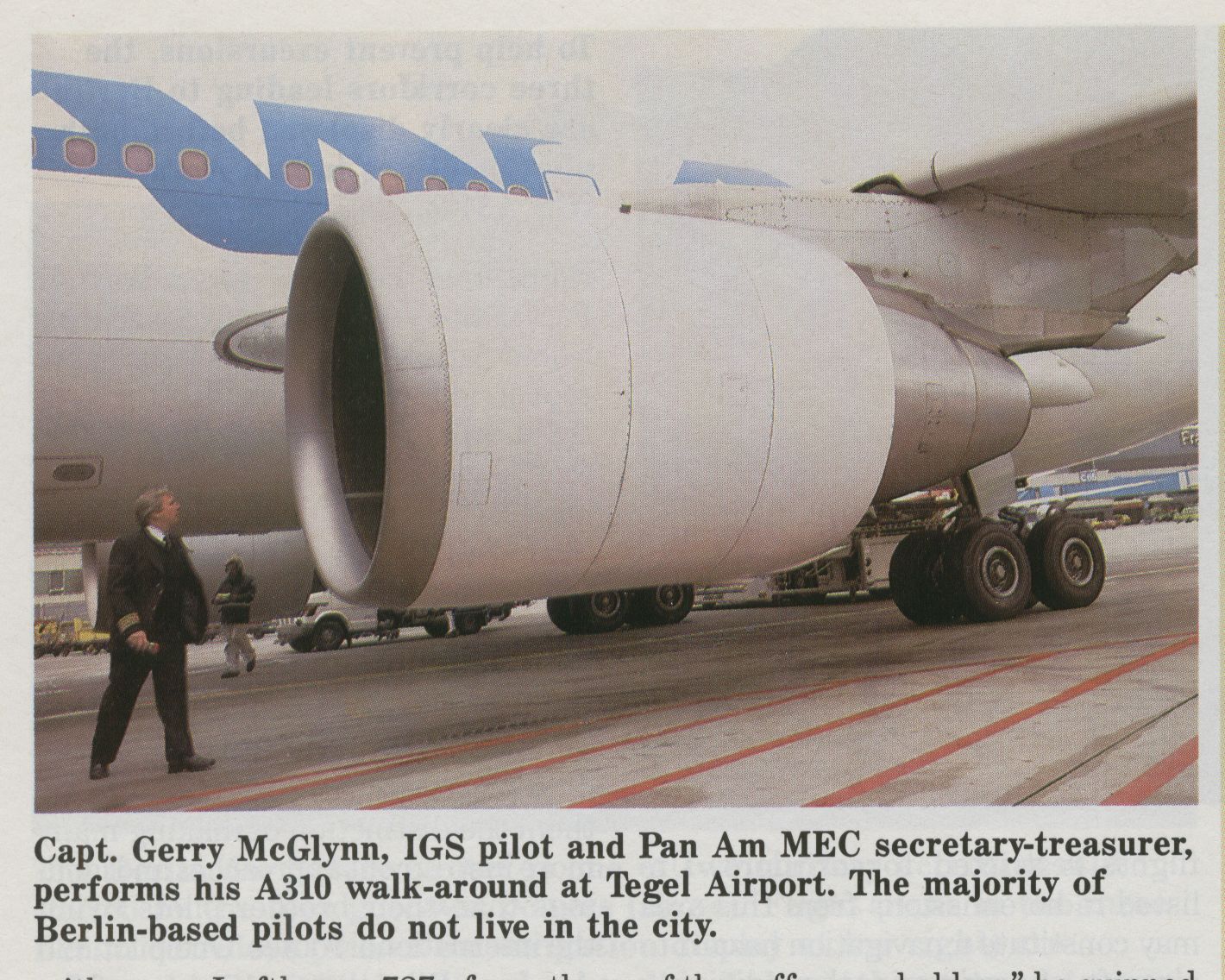 1986, Apri, Captain Gerry McGlynn on a pre-flight inspecting of an Airbus A310 at Frankfurt Airport.